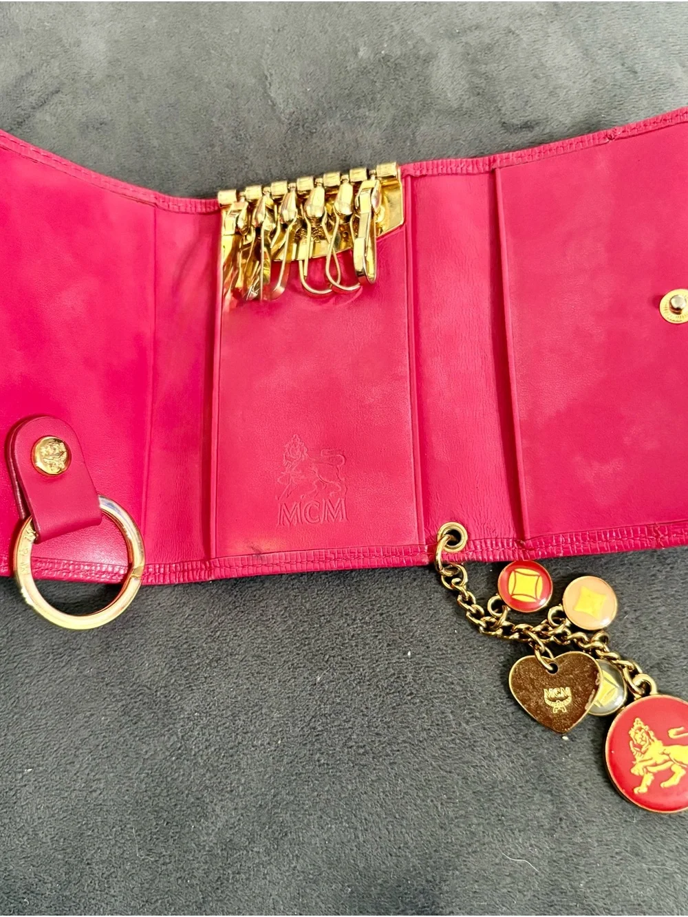 MCM Hot Pink Leather Logo Wallet with Gold Charm Keyring